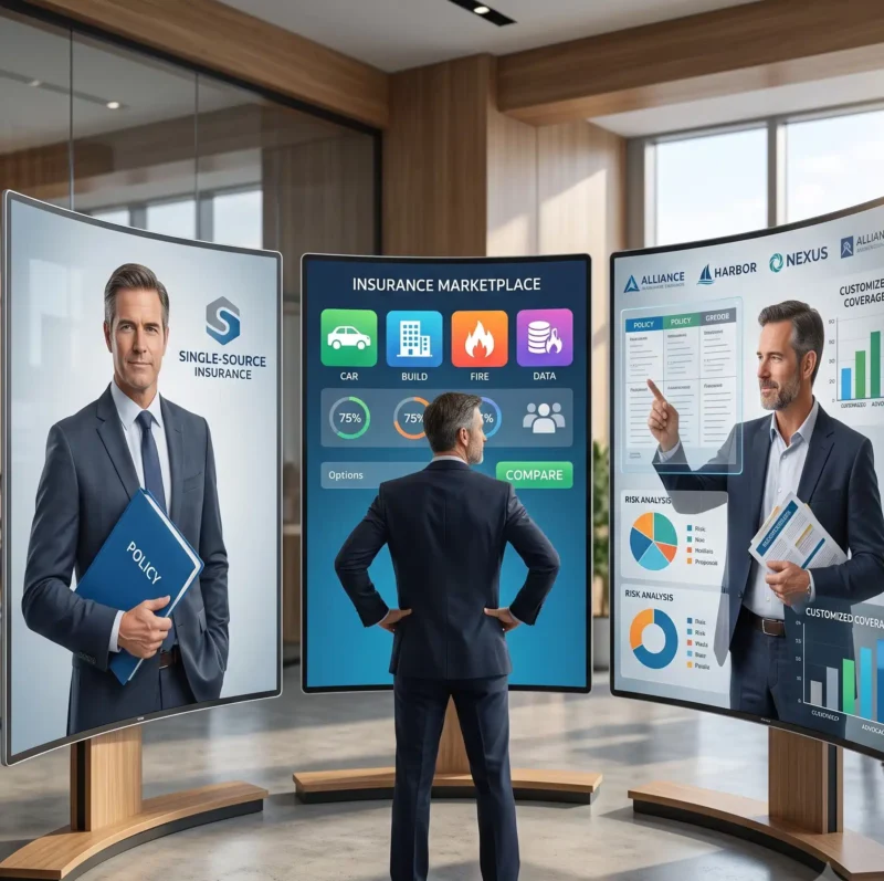 A business owner evaluates different insurance purchasing routes, illustrating key considerations when selecting Mid-Market Business Insurance coverage.