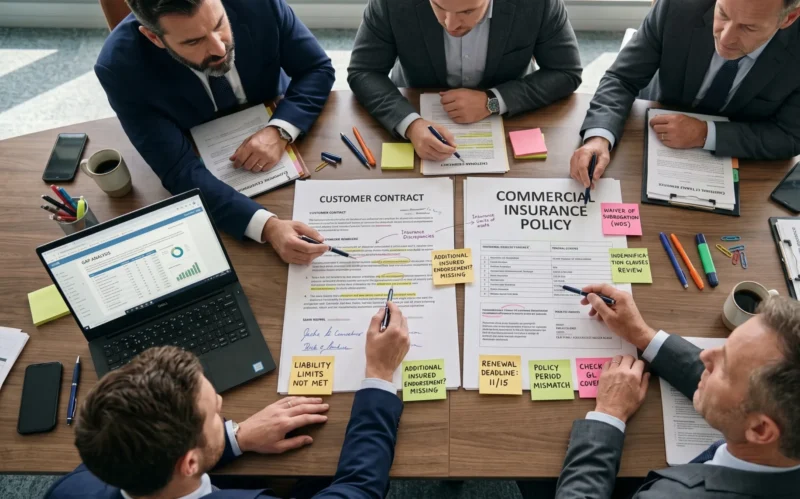 Business professionals comparing a customer contract with an insurance policy to identify gaps in Customer Contract Insurance Requirements, including liability limits and endorsements.