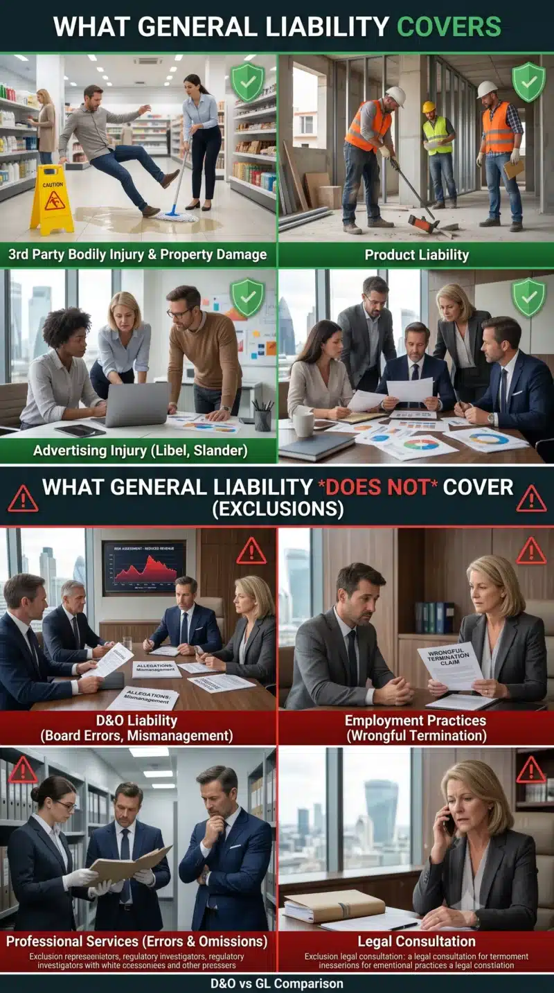 A split visual illustrating what is covered and not covered under D&O vs General Liability Insurance, including bodily injury, property damage, shareholder lawsuits, and management liability.