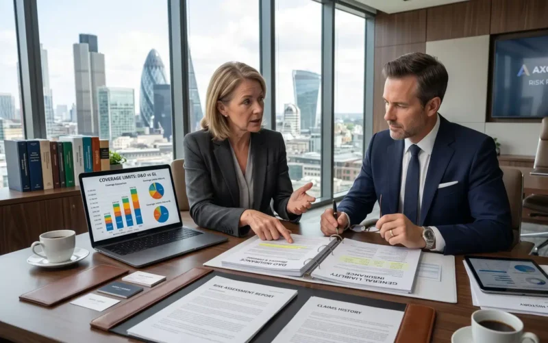 An insurance broker reviews policy options with a business owner, explaining the key differences in D&O vs General Liability Insurance during a professional consultation.