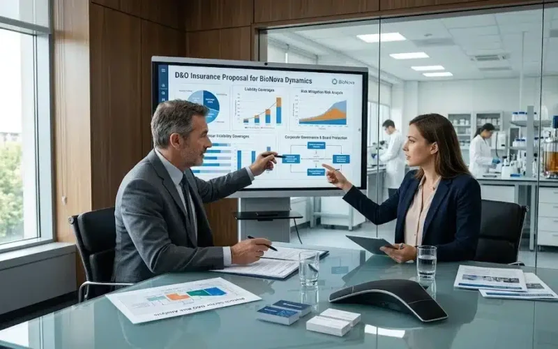 An insurance broker discussing policy options with a biotech founder in a professional office, highlighting D&O Insurance for Biotech Startups and executive risk protection.