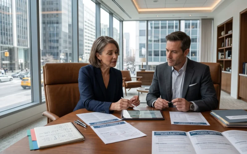 An insurance broker helps a business owner evaluate D&O vs EPLI Insurance by reviewing policy options and discussing the right coverage for the business.