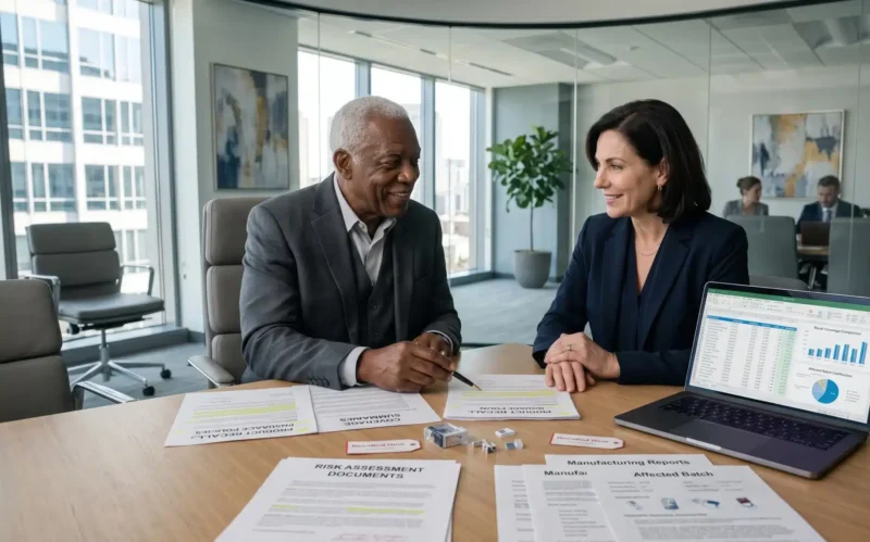 What Does a Product Recall Cost: An insurance broker meets with a business owner to review commercial insurance policies that can help cover product recall expenses.
