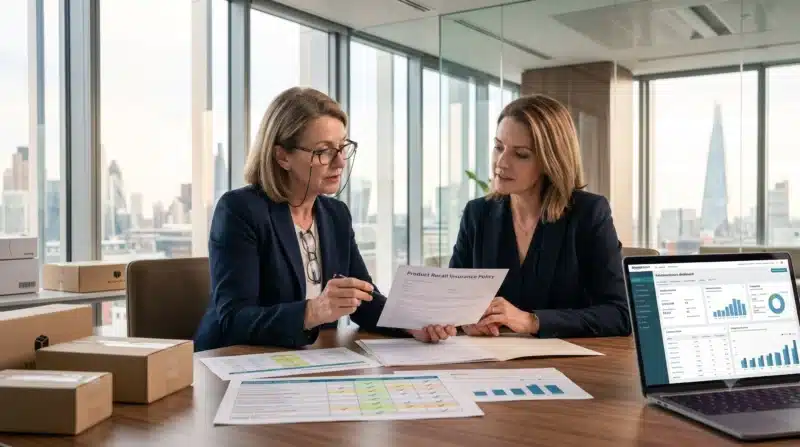 An insurance broker meets with an e-commerce business owner to review policies and discuss Product Recall Insurance for E-Commerce and recall risk protection.