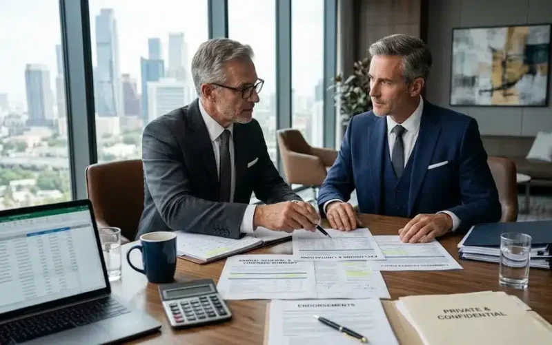 An insurance broker and business owner carefully reviewing commercial insurance policies together during a professional consultation for a Second Opinion On My Business Insurance.