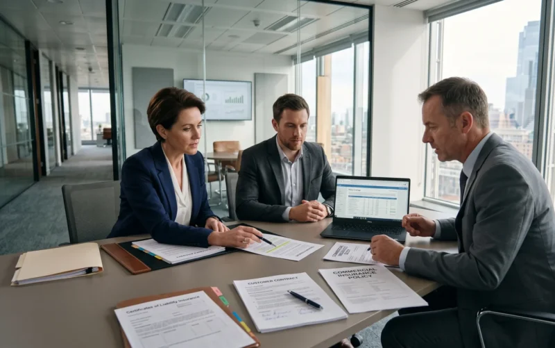 An insurance broker and business owners comparing policy documents to ensure Customer Contract Insurance Requirements are fully met before contract approval.