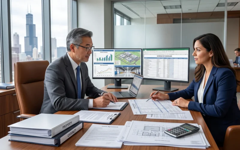 A commercial insurance broker meets with a business owner to review policy updates and property coverage before opening an additional facility, showing does business insurance cover a new location.