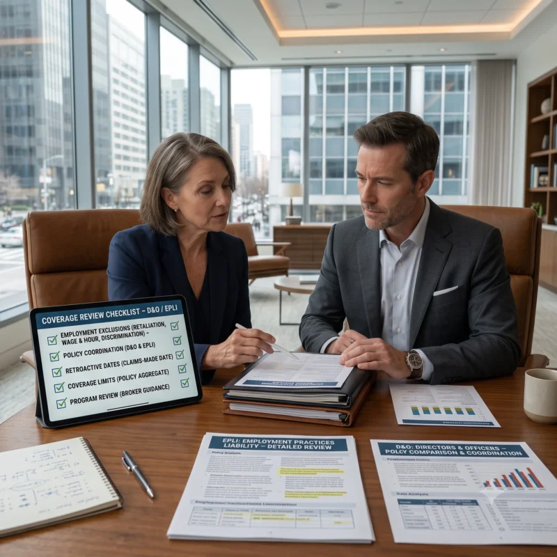 An insurance professional reviews exclusions, policy limits, retroactive dates, and coverage gaps with a business owner during a D&O vs EPLI Insurance policy review.