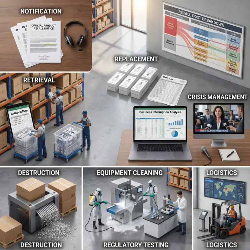 What Does a Product Recall Cost: An illustration of product recall insurance covering customer notifications, product retrieval, destruction, replacement inventory, crisis management, and operational recovery.