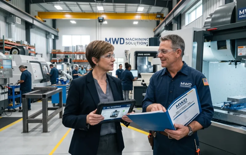 A machine shop owner meeting with a commercial insurance specialist to discuss Machine Shop Insurance policies for protecting machinery, property, and business operations.