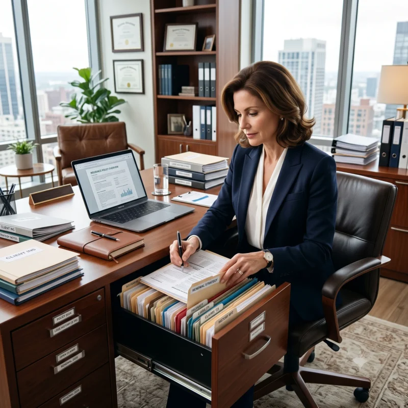 A business owner organising insurance policies, loss history reports, claim files, and renewal documents in a professional office to prepare in case Insurance Broker Sold And The Service Declined.
