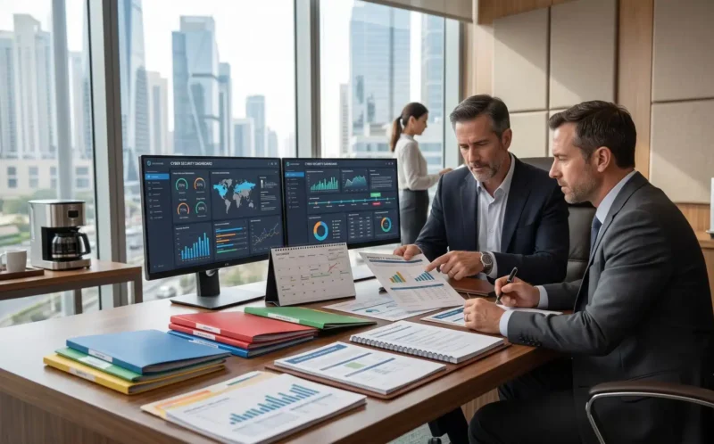 A business owner and advisor organize financial records, safety documentation, and risk information before renewing Mid-Market Business Insurance coverage.