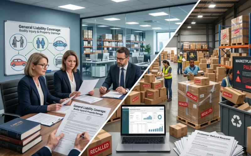 A comparison showing the difference between general liability coverage and Product Recall Insurance for E-Commerce, highlighting recall expenses, inventory losses, and business interruption.