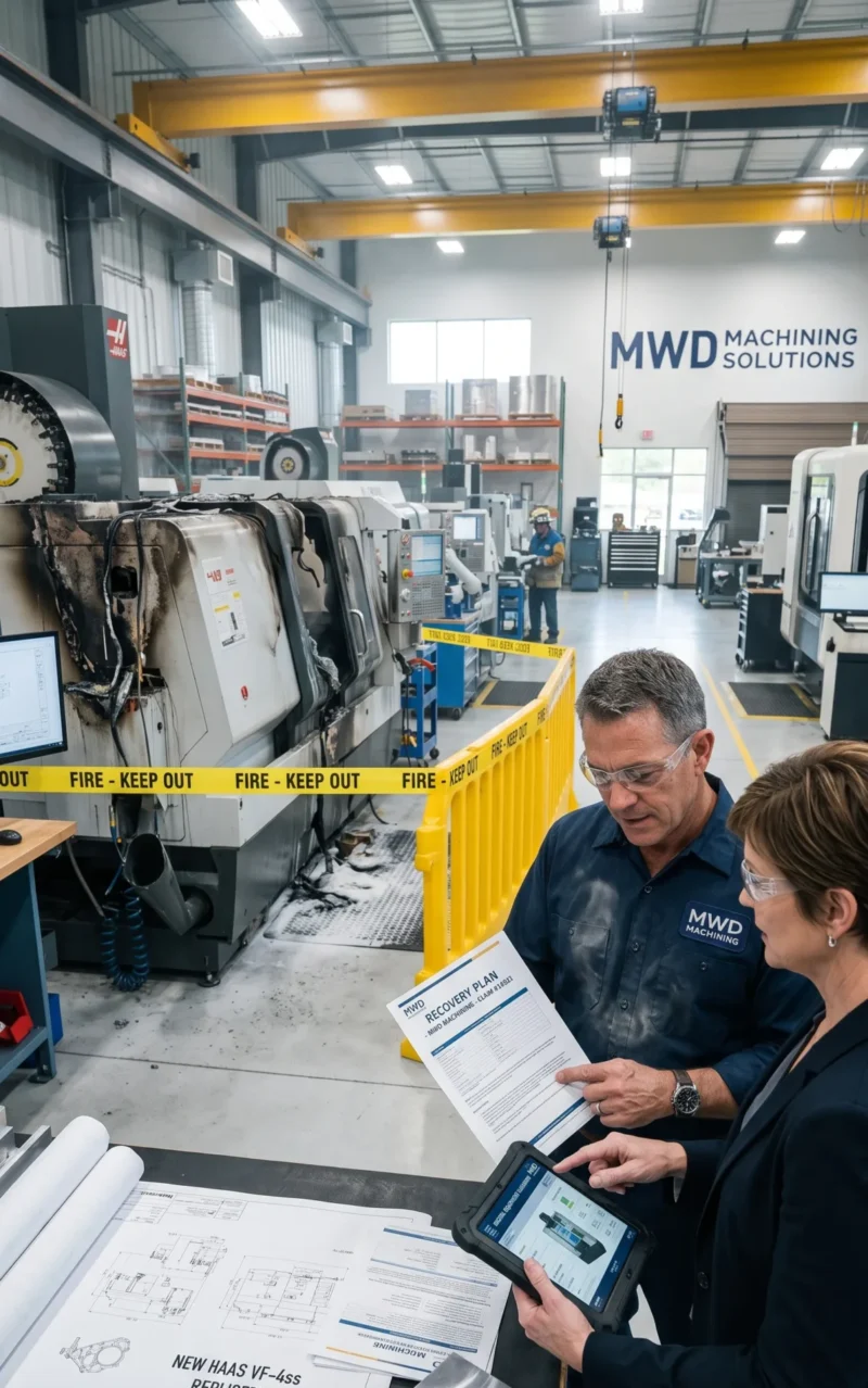 Machine Shop Insurance helping a manufacturing business recover after a CNC machine fire and equipment breakdown through comprehensive insurance coverage.