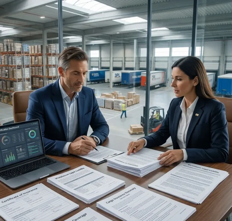 Business professionals reviewing contracts, certificates of insurance, liability limits, and compliance documents required under comprehensive 3PL Insurance programs.