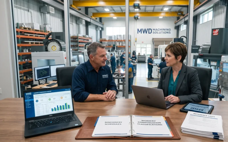 A business owner comparing coverage options with an experienced broker to find the best Machine Shop Insurance program for a manufacturing operation.