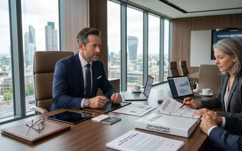 A startup founder meets with investors while demonstrating the value of D&O vs General Liability Insurance for executive protection, investor confidence, and business risk management.