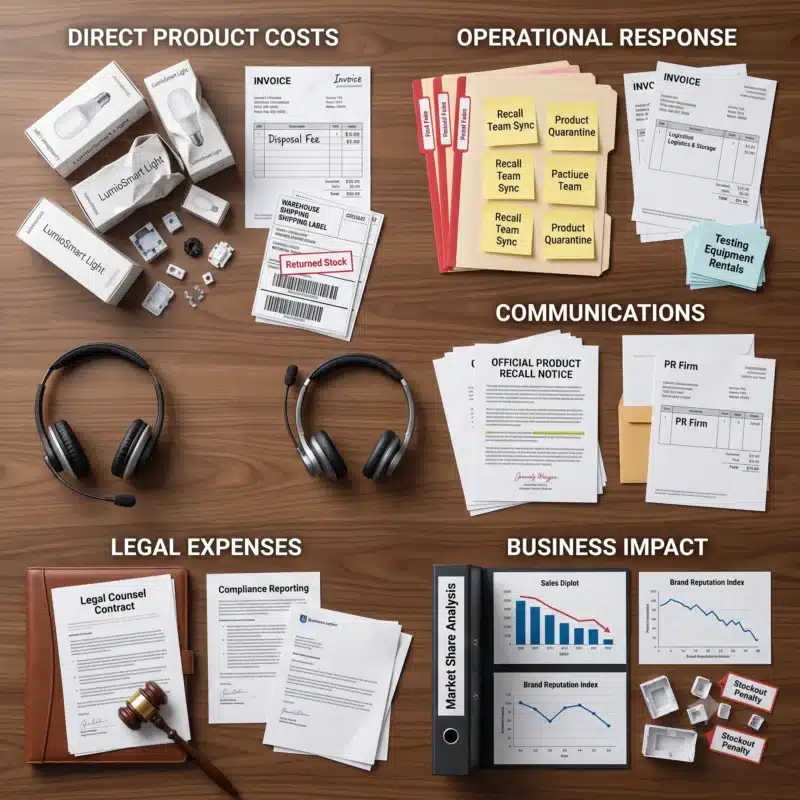 What Does a Product Recall Cost: A visual breakdown showing the major cost categories of a product recall, including logistics, legal expenses, communications, operations, and business losses.