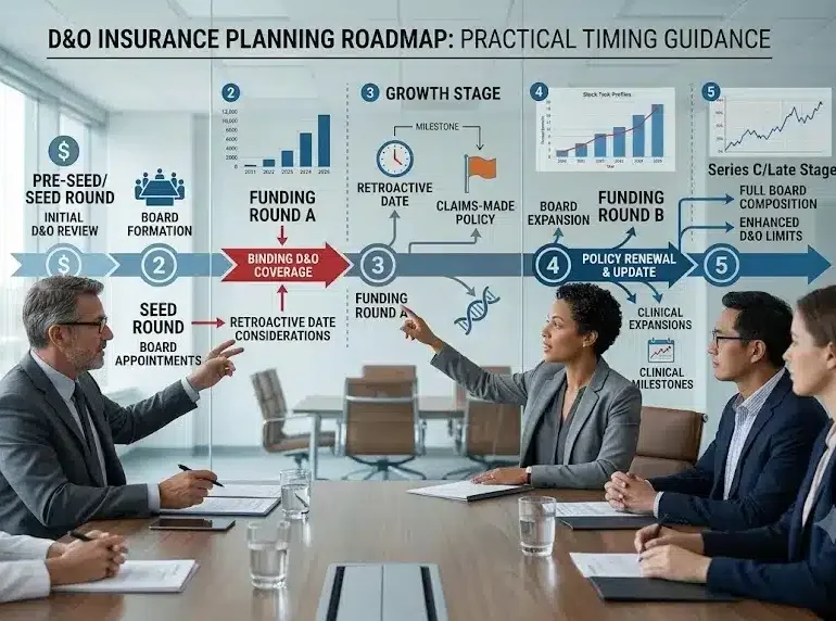 An infographic-style boardroom presentation showing the ideal timing for purchasing and renewing D&O Insurance for Biotech Startups throughout company growth and funding rounds.