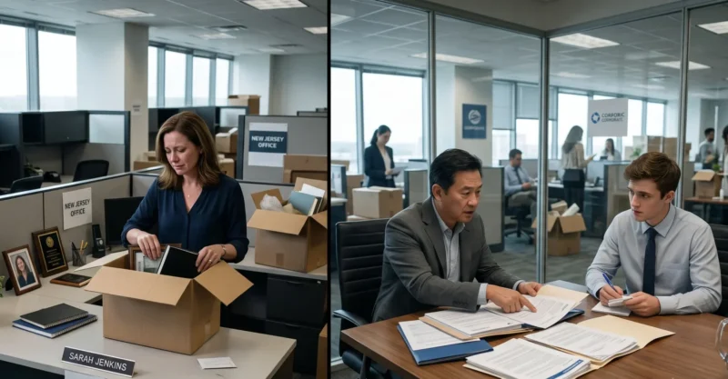 An experienced account manager leaving the office while a business owner explains their insurance history to a new representative, showing how Insurance Broker Sold And The Service Declined affects long-term client relationships.