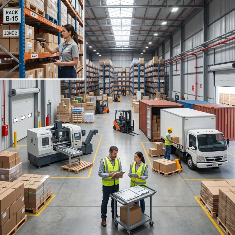 A modern warehouse illustrates customer goods storage, inventory handling, cargo transportation, and logistics operations related to does business insurance cover a new location.
