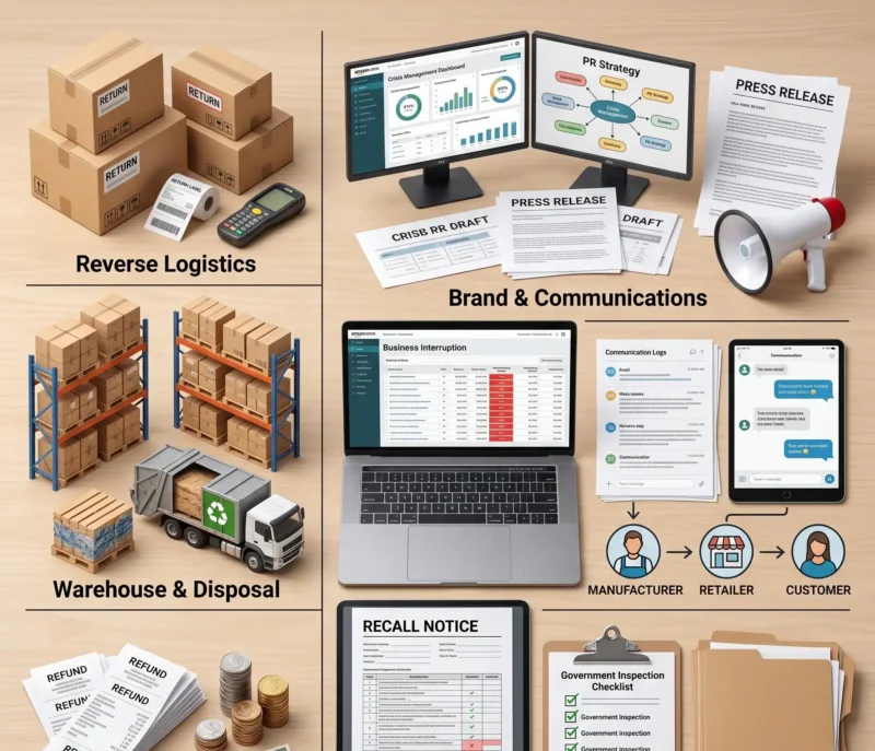 A visual breakdown illustrating first-party expenses, business interruption, brand rehabilitation, regulatory compliance, and downstream liability covered by Product Recall Insurance for E-Commerce.