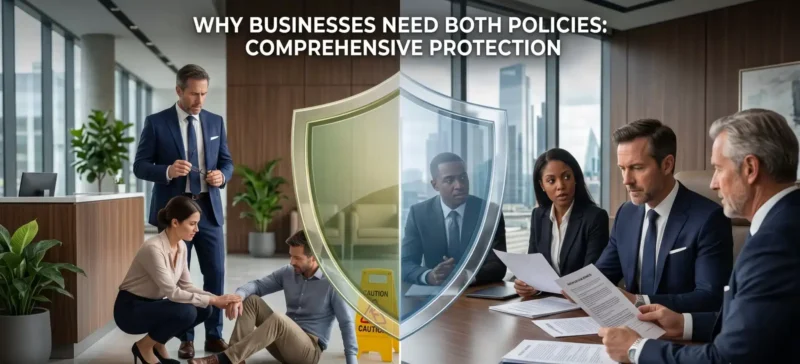 A side-by-side comparison showing physical liability risks and executive liability risks to explain why D&O vs General Liability Insurance work together to protect businesses.