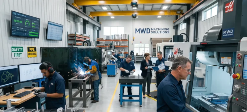 Employees performing machining, welding, and fabrication tasks while demonstrating how Machine Shop Insurance supports workplace safety and workers' compensation coverage.