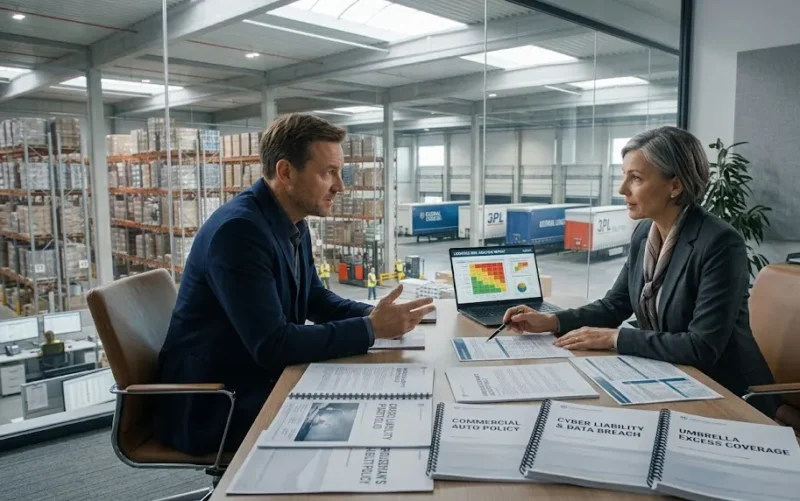 Insurance expert meeting with a third-party logistics business owner to discuss customized 3PL Insurance coverage for warehouse, cargo, and liability risks.