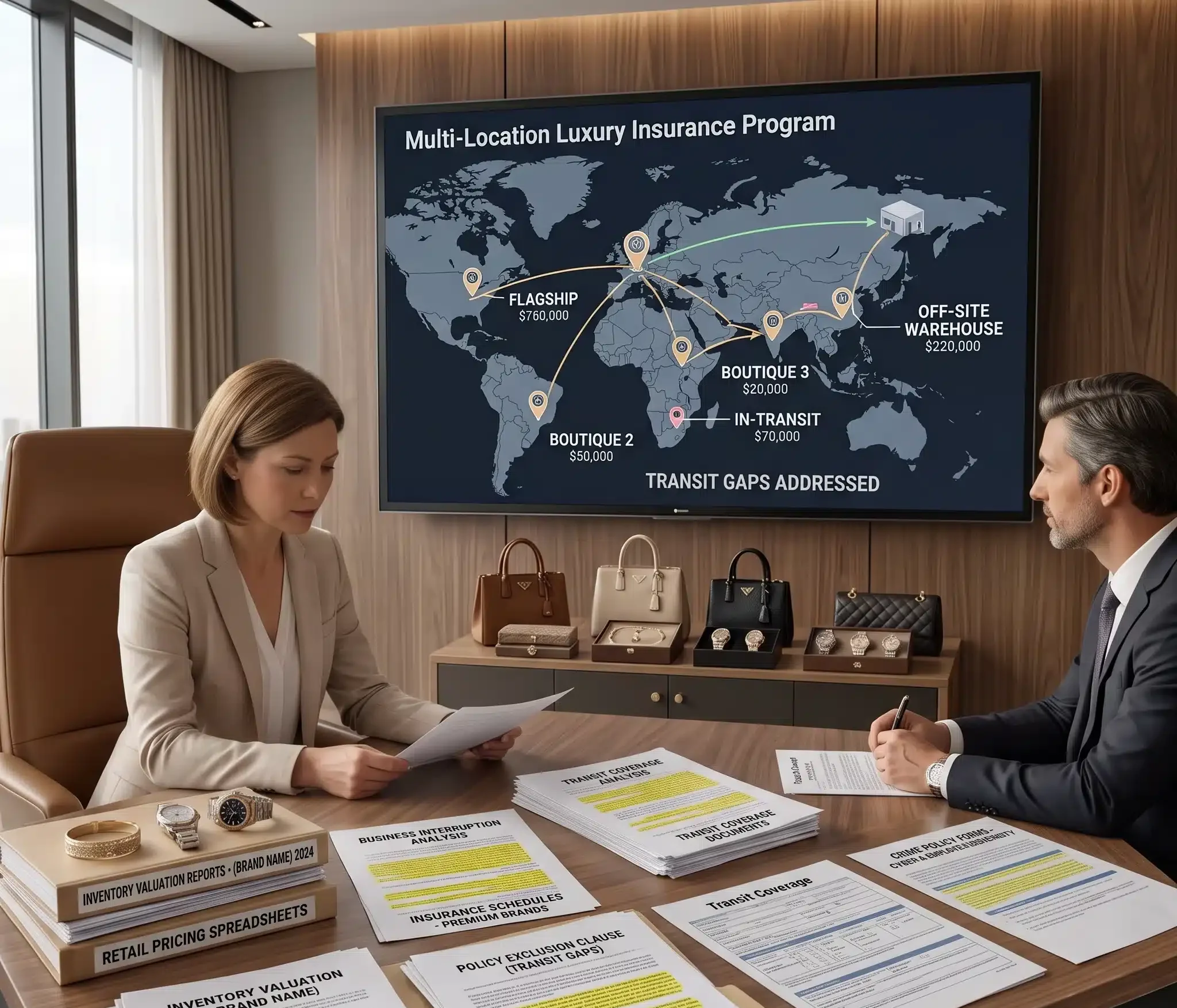 An insurance advisor reviews inventory values, policy limits, and business operations during a Luxury Retail Insurance renewal meeting.