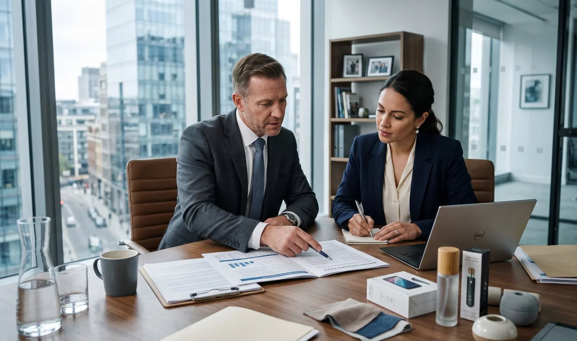 Commercial insurance broker and business owner reviewing coverage documents together to answer does business insurance cover a new product line.