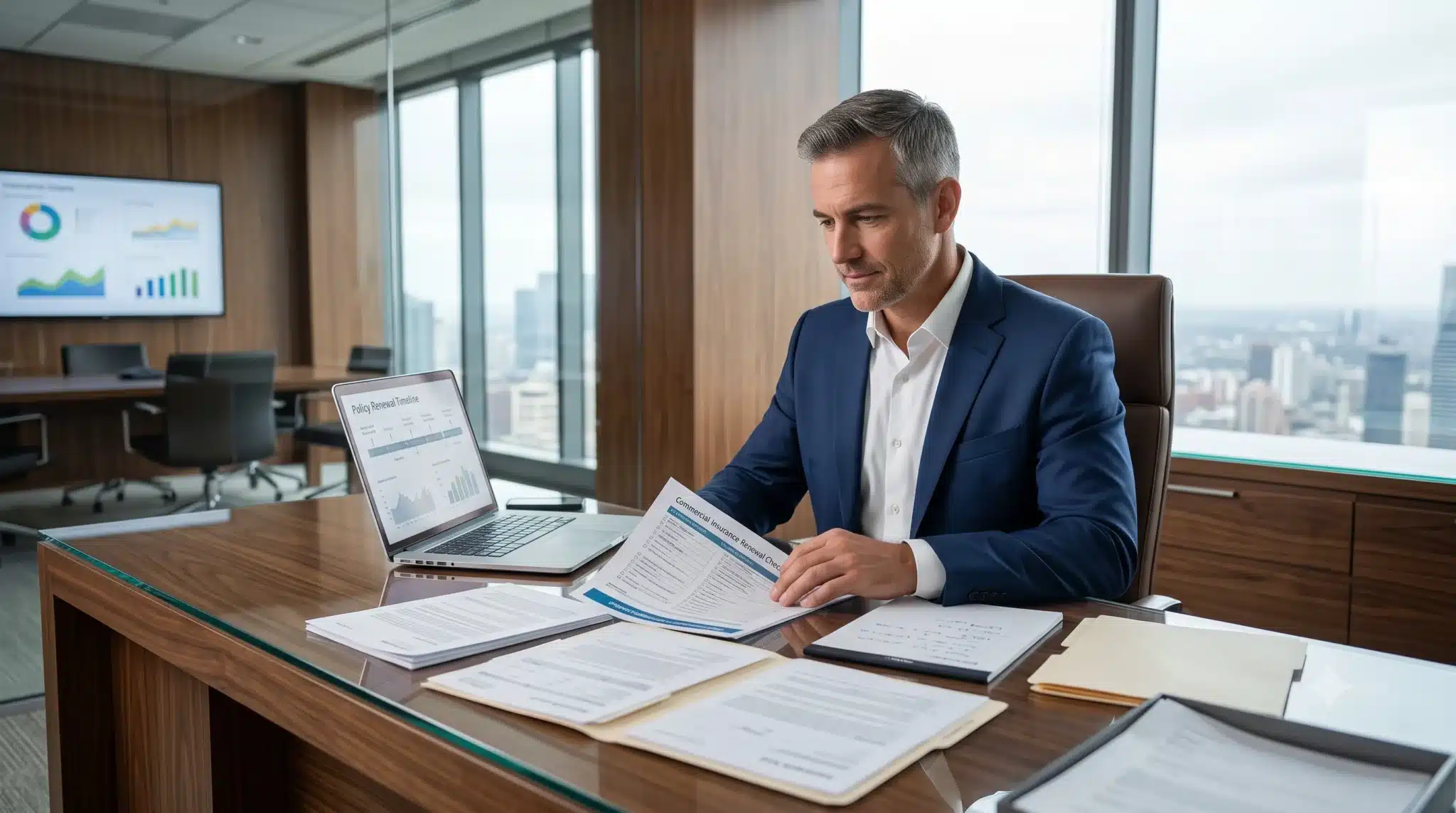 An experienced commercial insurance broker reviews policy documents and a Commercial Insurance Renewal Checklist in a sophisticated office before a client's renewal meeting.