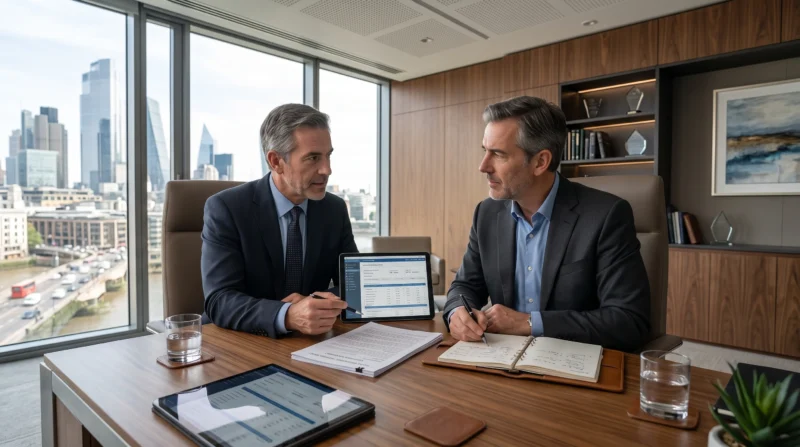 Insurance broker and business owner reviewing a Stock Throughput Insurance coverage policy during a professional meeting.