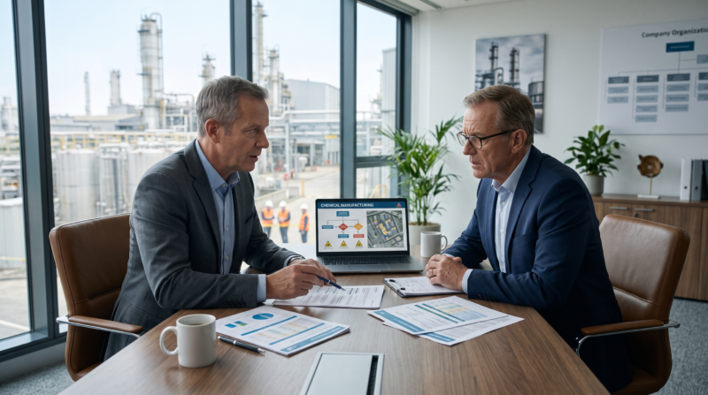 Chemical Manufacturer Insurance review with a broker and business owner evaluating coverage options for a chemical manufacturing company.