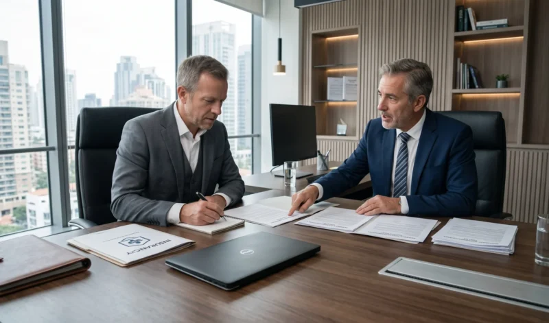 Business owner and insurance broker reviewing policy documents to determine whether Does Business Interruption Insurance Cover Supplier Problems