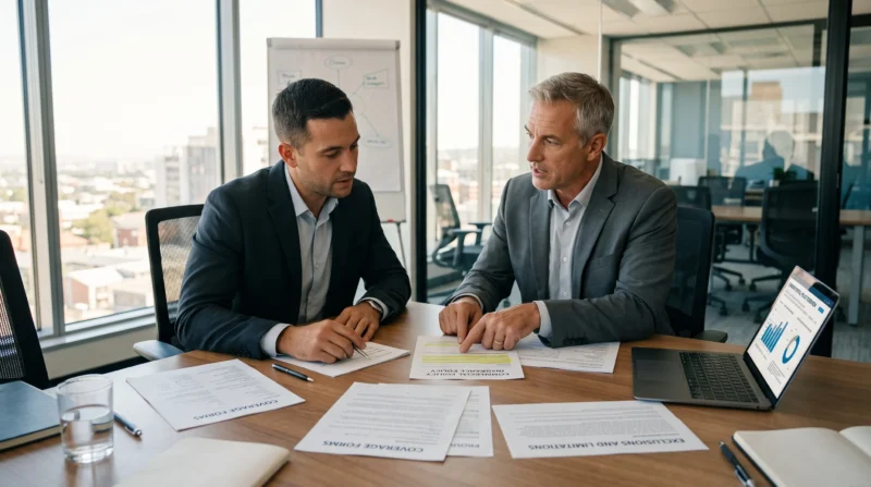 Insurance broker and business owner reviewing coverage to determine whether Does Product Liability Insurance Cover Old Products.