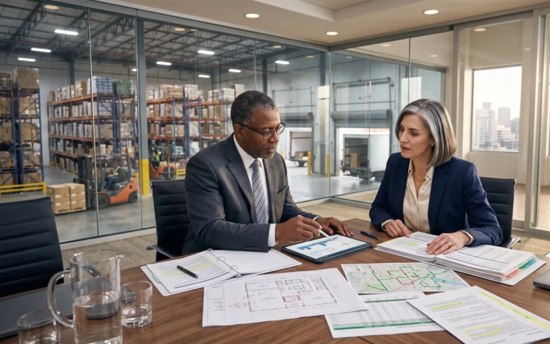 Commercial insurance broker meeting with a wholesale distributor to evaluate policies and uncover wholesale distributor insurance gaps affecting inventory, liability, and operations.