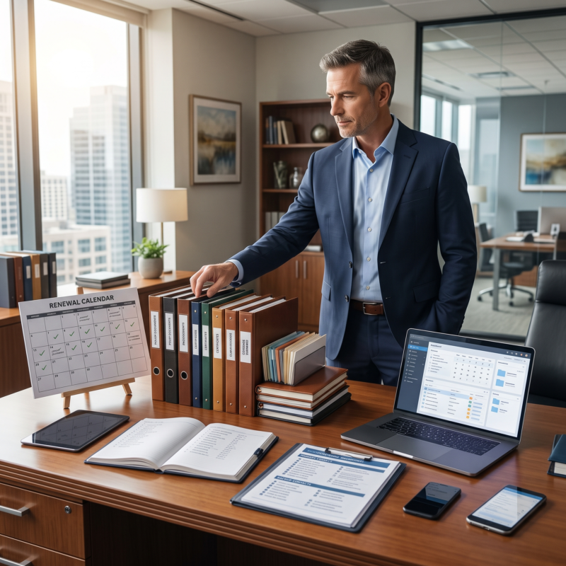 Business owner organizing policies, certificates, claims records, and contacts while planning around how often should your insurance account manager change