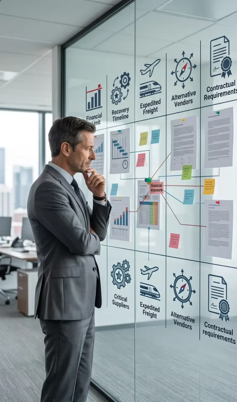 Business executive reviewing supplier risk, coverage limits, recovery periods, and extra expenses related to Does Business Interruption Insurance Cover Supplier Problems