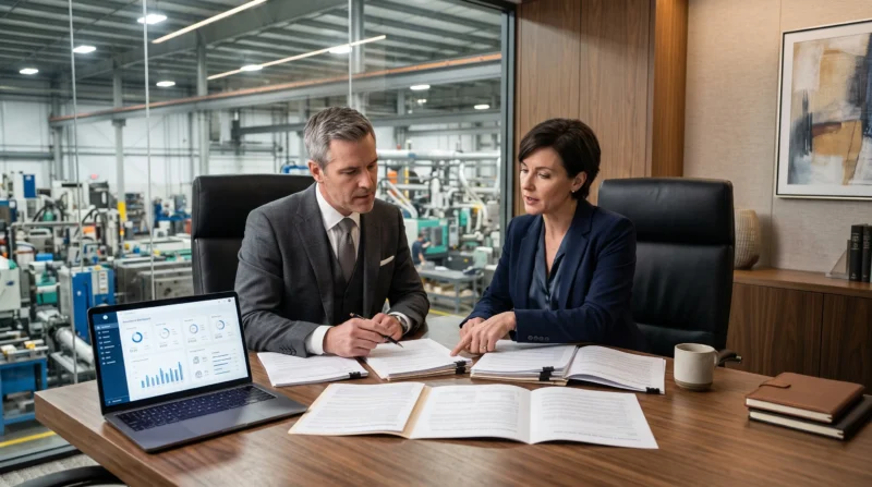 Business owner and insurance broker reviewing Plastics Manufacturer Insurance policies and coverage documents in a modern manufacturing office