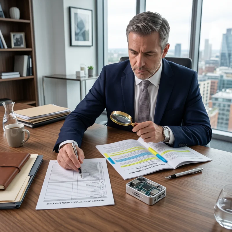 Business owner checking a declarations page and product schedule to verify does business insurance cover a new product line before selling.