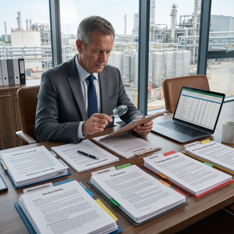Chemical Manufacturer Insurance checklist covering pollution terms, retroactive dates, limits, exclusions, transportation, and non-owned-site exposures.