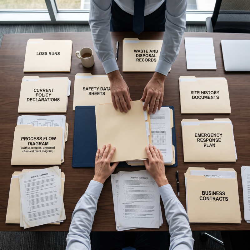 Chemical Manufacturer Insurance underwriting based on chemicals handled, quantities, hazard classifications, location, waste practices, and loss history.