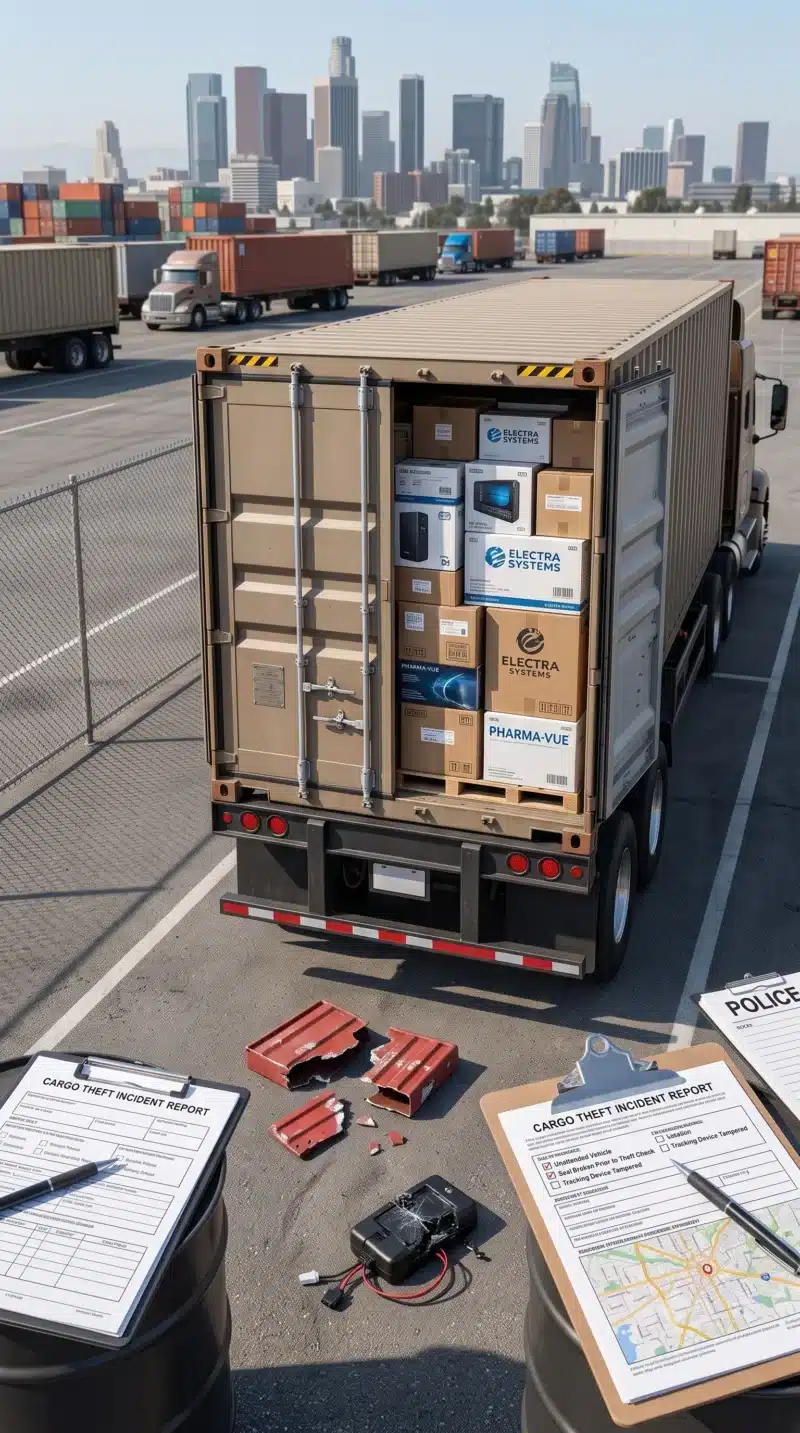 A stolen cargo scene with a truck, broken security seal, tracking device, and shipping goods illustrates common claim issues when asking does insurance cover stolen cargo.