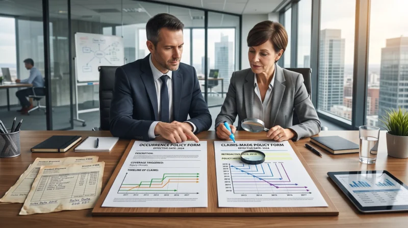 Business owner and insurance broker comparing policy forms to understand whether Does Product Liability Insurance Cover Old Products.