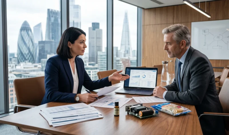 Broker explaining pricing factors and added premium while answering does business insurance cover a new product line during a client meeting.