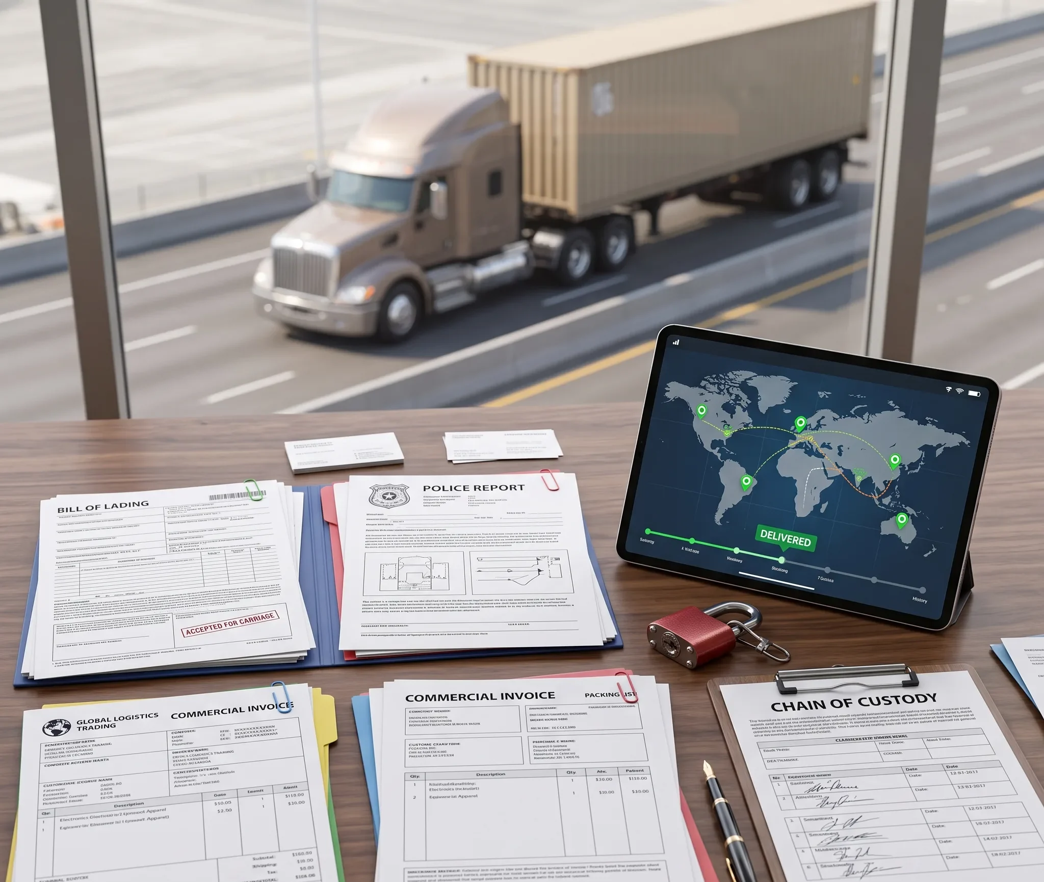 Bills of lading, invoices, a police report, tracking records, and custody documents illustrate what may be needed when filing a claim and determining does insurance cover stolen cargo.