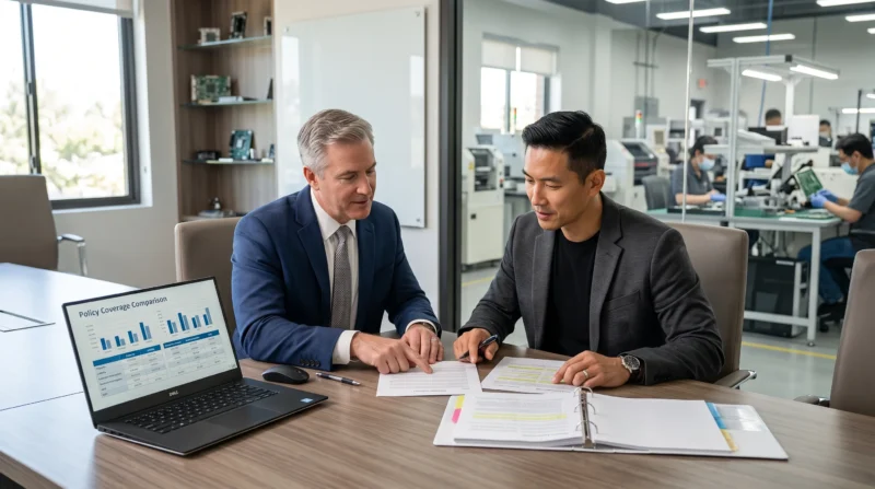 Insurance broker and electronics manufacturer business owner reviewing coverage policies and contract requirements for Electronics Manufacturer Insurance.