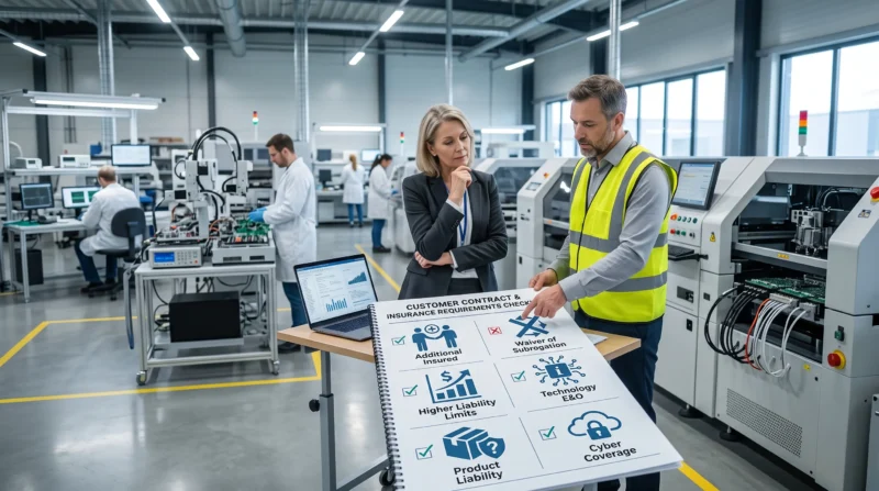 Electronics manufacturing business owners reviewing customer contract requirements and key Electronics Manufacturer Insurance coverages.
