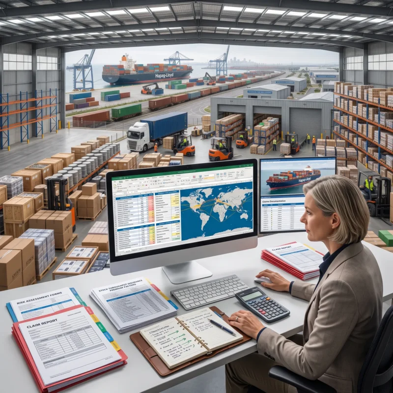 Logistics manager reviewing inventory, shipment, port, and claims information used to determine Stock Throughput Insurance premiums.